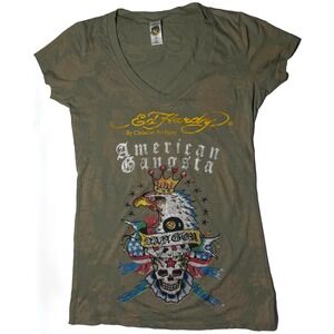 Ed Hardy American Gangsta‎ Rhinestone T Shirt Olive Green Eagle USA Womens L Y2K